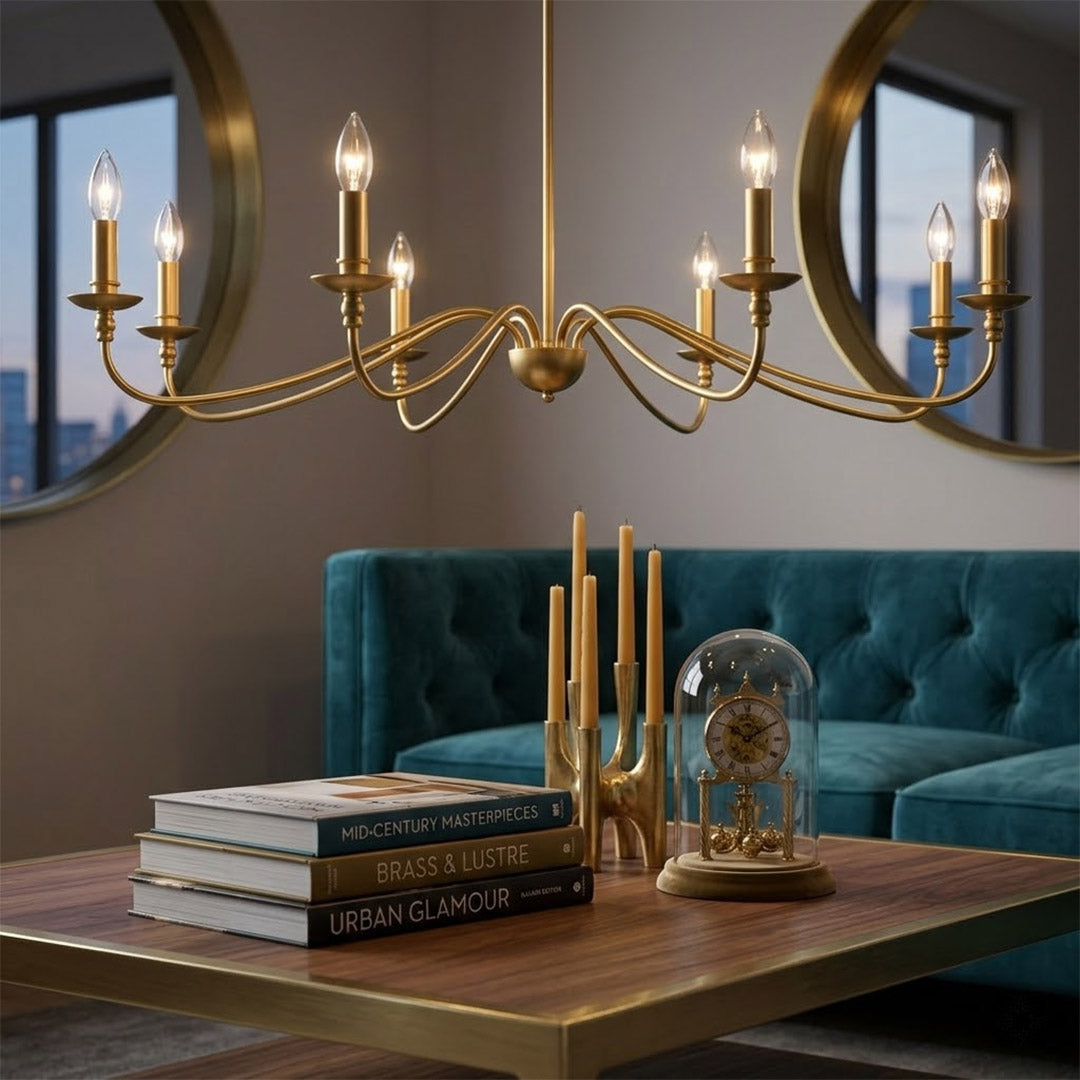 Versailles brass candle chandelier above dining table warm vintage light traditional interior
