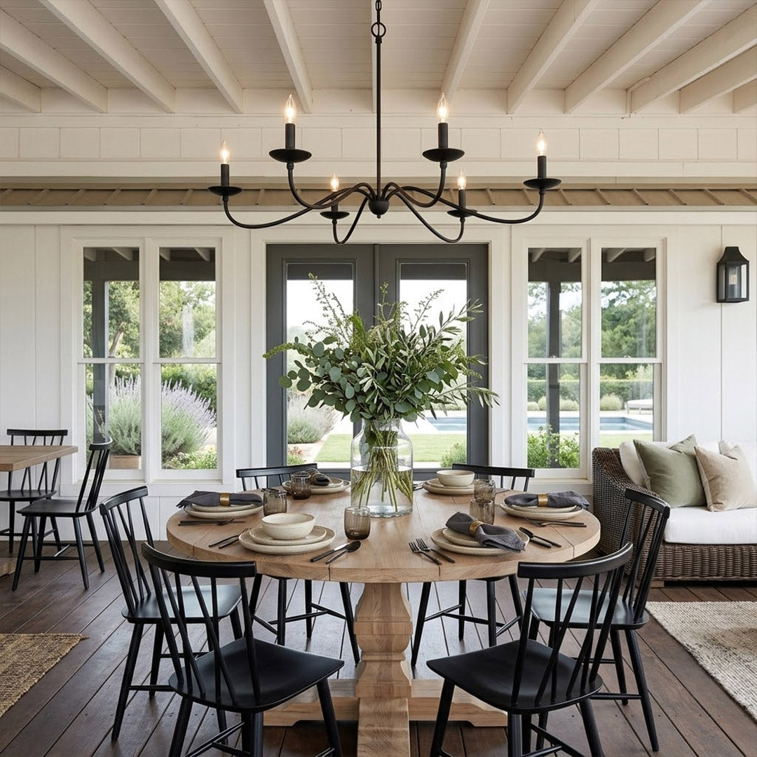 Versailles brass candle chandelier above dining table warm vintage light traditional interior