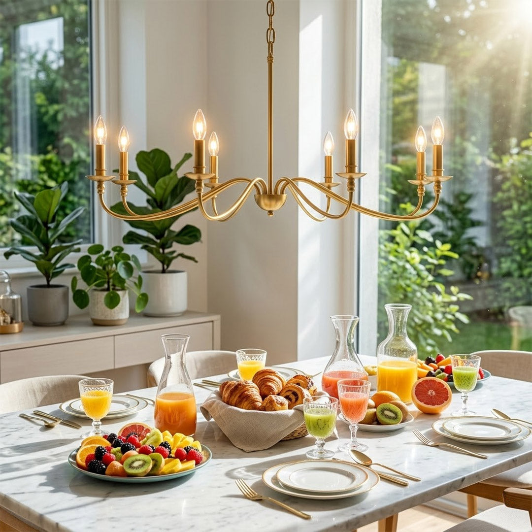 Versailles brass candle chandelier above dining table warm vintage light traditional interior