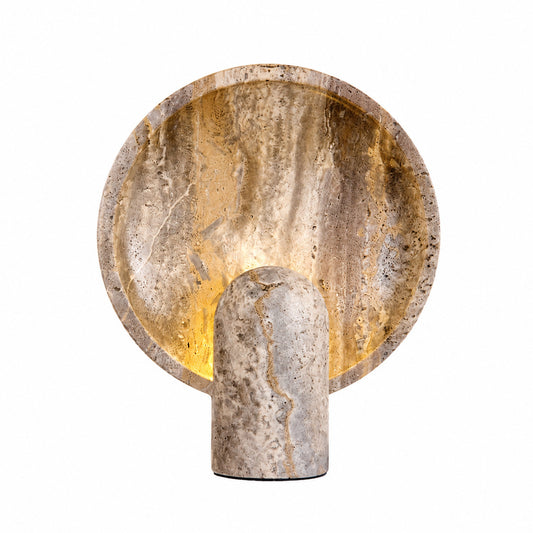 Vesta travertine table lamp yellow travertine stone base sculptural minimalist white background front view
