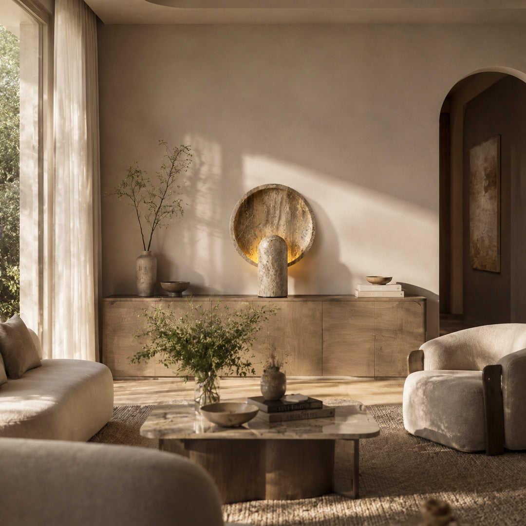 Vesta travertine table lamp wabi sabi japandi natural stone space travertine warm American home lifestyle interior styled