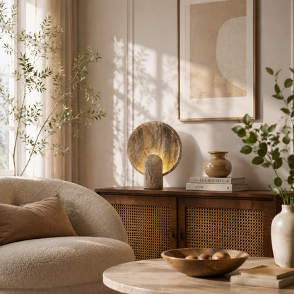 Vesta travertine table lamp living room side table warm glow travertine stone sculptural American home lifestyle interior styled
