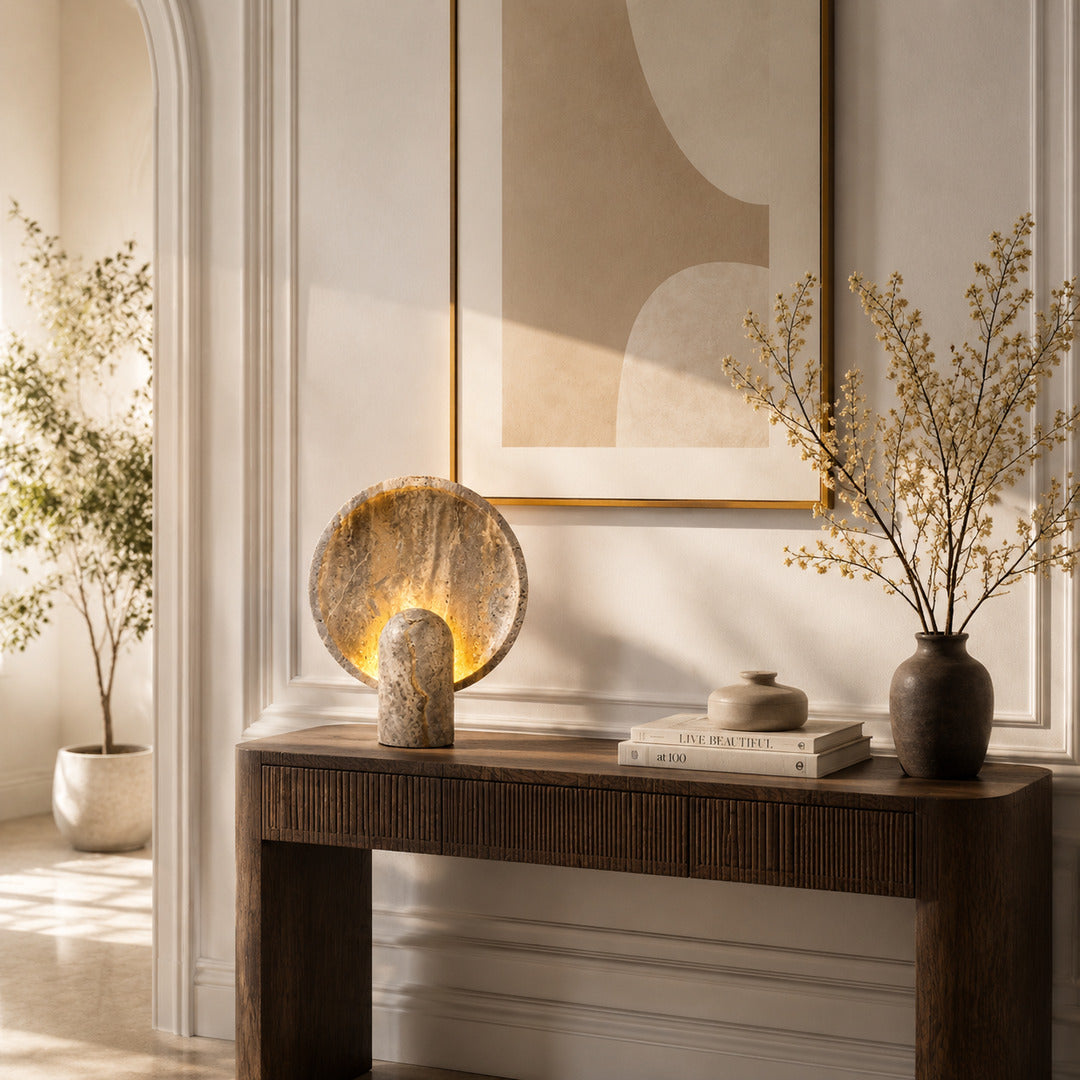 Vesta travertine table lamp entryway console warm glow travertine stone sculptural American home lifestyle interior styled
