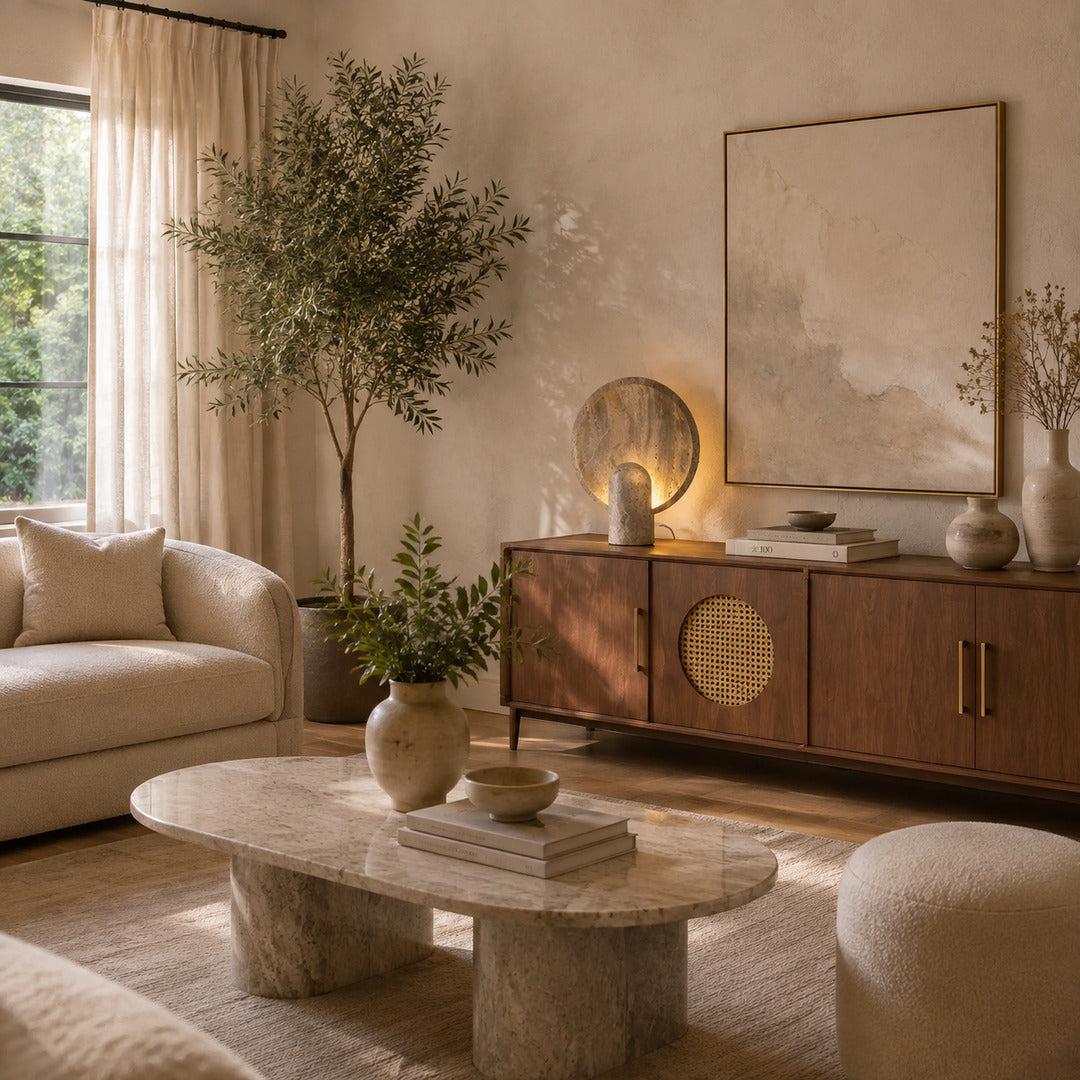 Vesta travertine table lamp living room side table warm glow travertine stone sculptural American home lifestyle interior styled