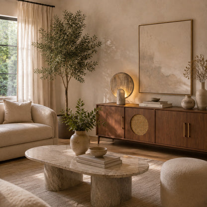 Vesta travertine table lamp living room side table warm glow travertine stone sculptural American home lifestyle interior styled