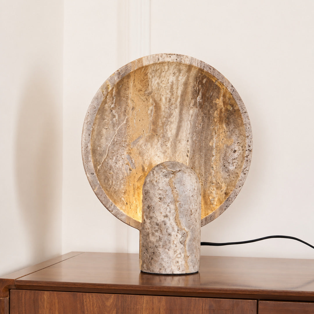 Vesta travertine table lamp entryway console warm glow travertine stone sculptural American home lifestyle interior styled