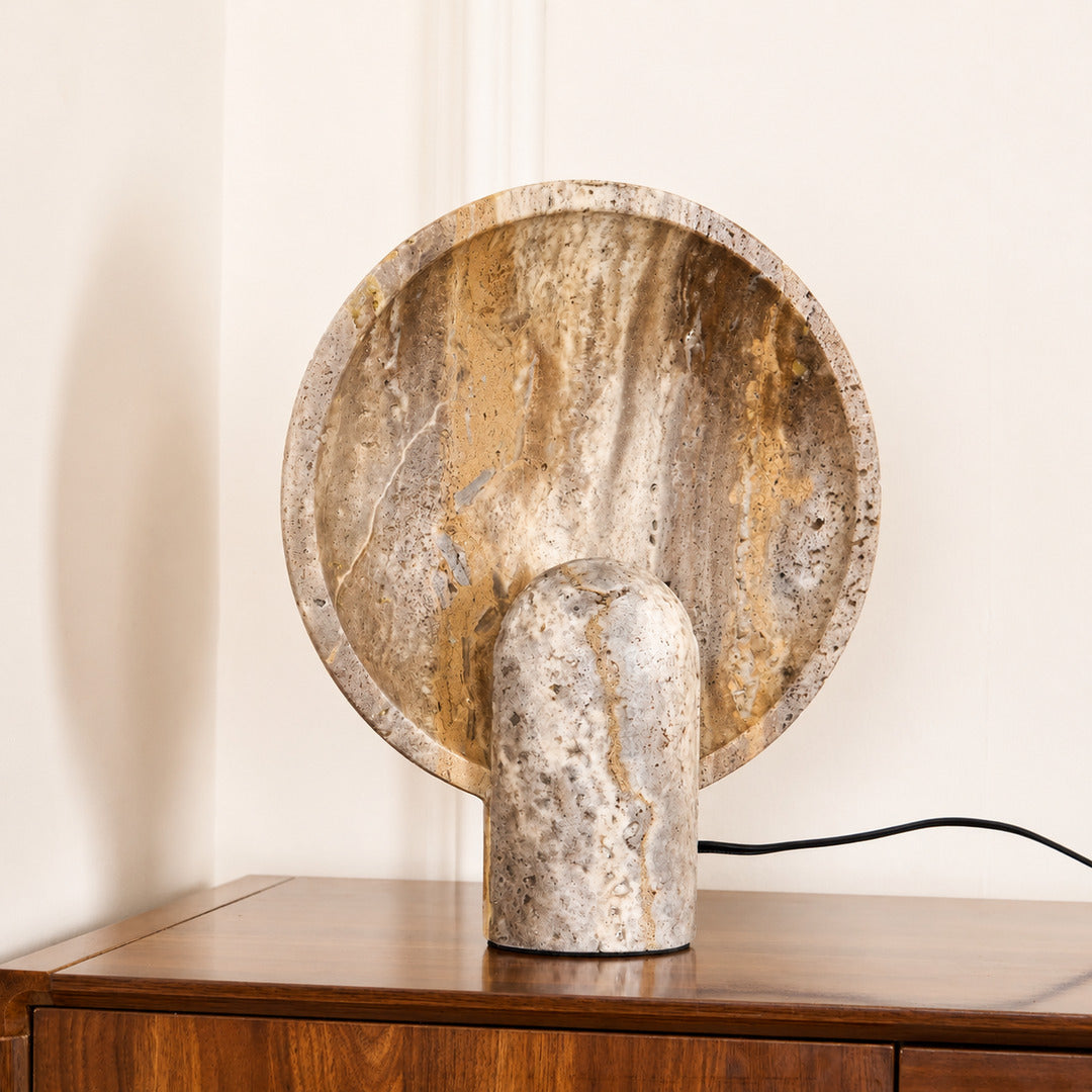Vesta travertine table lamp entryway console warm glow travertine stone sculptural American home lifestyle interior styled