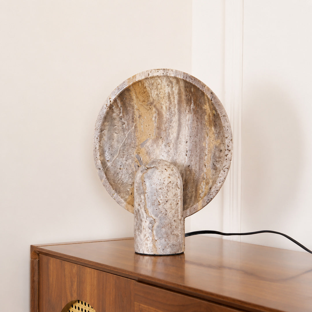 Vesta travertine table lamp entryway console warm glow travertine stone sculptural American home lifestyle interior styled