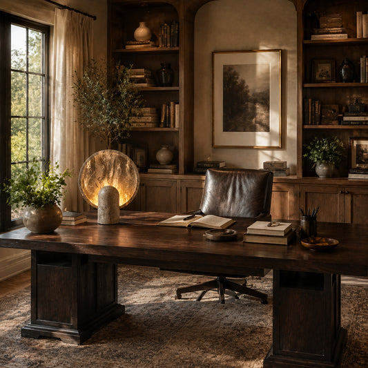 Vesta travertine table lamp study desk warm glow travertine stone Japandi American home lifestyle interior styled