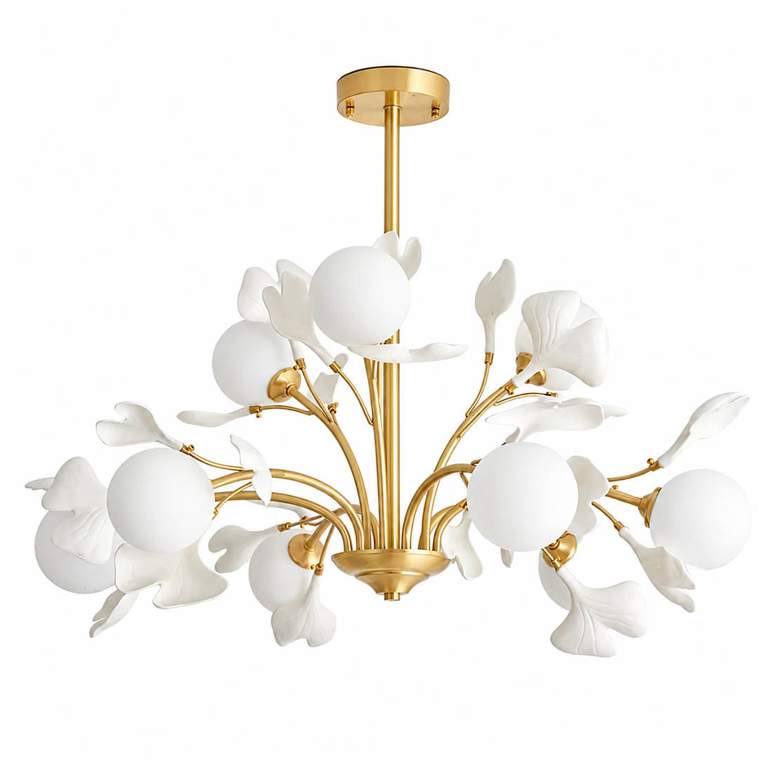 Vico Gingko Chandelier 12 heads 38.5 inch oversized handcrafted ceramic ginkgo petals H65 copper branches frosted glass shades G9 sockets statement mid century commercial hospitality dining foyer white background