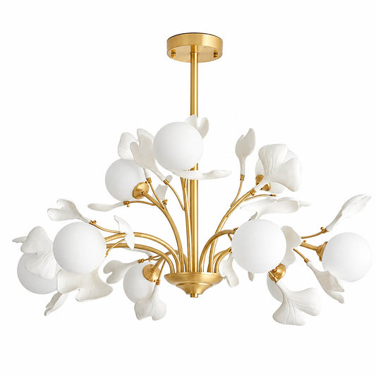 Vico Gingko Chandelier 12 heads 38.5 inch oversized handcrafted ceramic ginkgo petals H65 copper branches frosted glass shades G9 sockets statement mid century commercial hospitality dining foyer white background