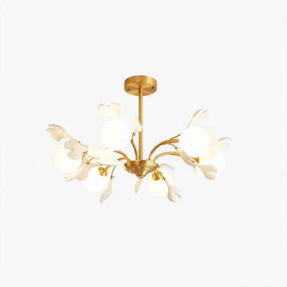Vico Gingko Chandelier 6 heads 23.6 inch handcrafted ceramic ginkgo petals H65 copper branches frosted glass shades G9 sockets modern mid century bedroom dining white background
