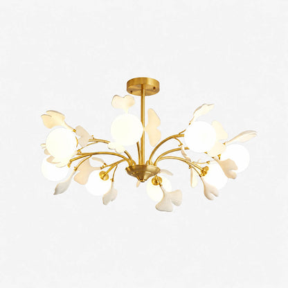 Vico Gingko Chandelier 8 heads 31.4 inch handcrafted ceramic ginkgo petals H65 copper branches frosted glass shades G9 sockets modern mid century dining living room statement white background