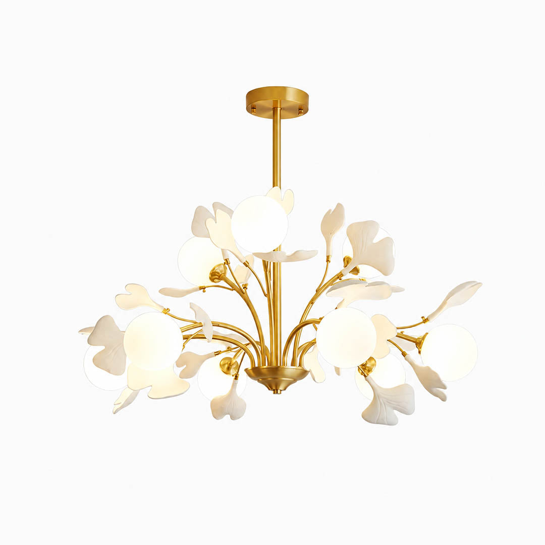 Vico Gingko Chandelier 9 heads 31.4 inch tall drop 22.8 inch handcrafted ceramic ginkgo petals H65 copper branches frosted glass shades G9 sockets modern mid century dining tall ceiling statement white background