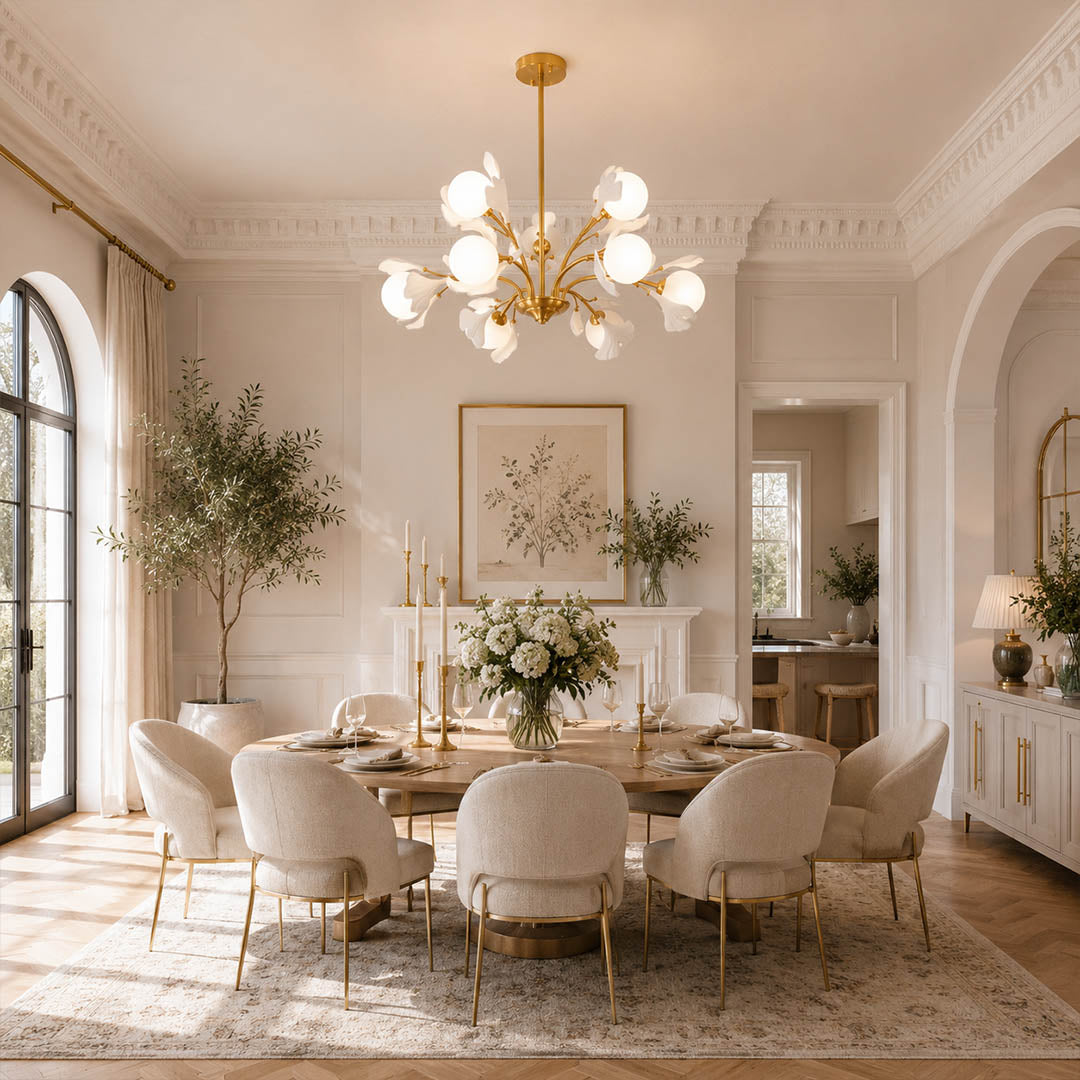 Vico Gingko Chandelier 8 heads mid century modern dining room 8 seat walnut table warm evening ambient statement botanical elegant lifestyle interior