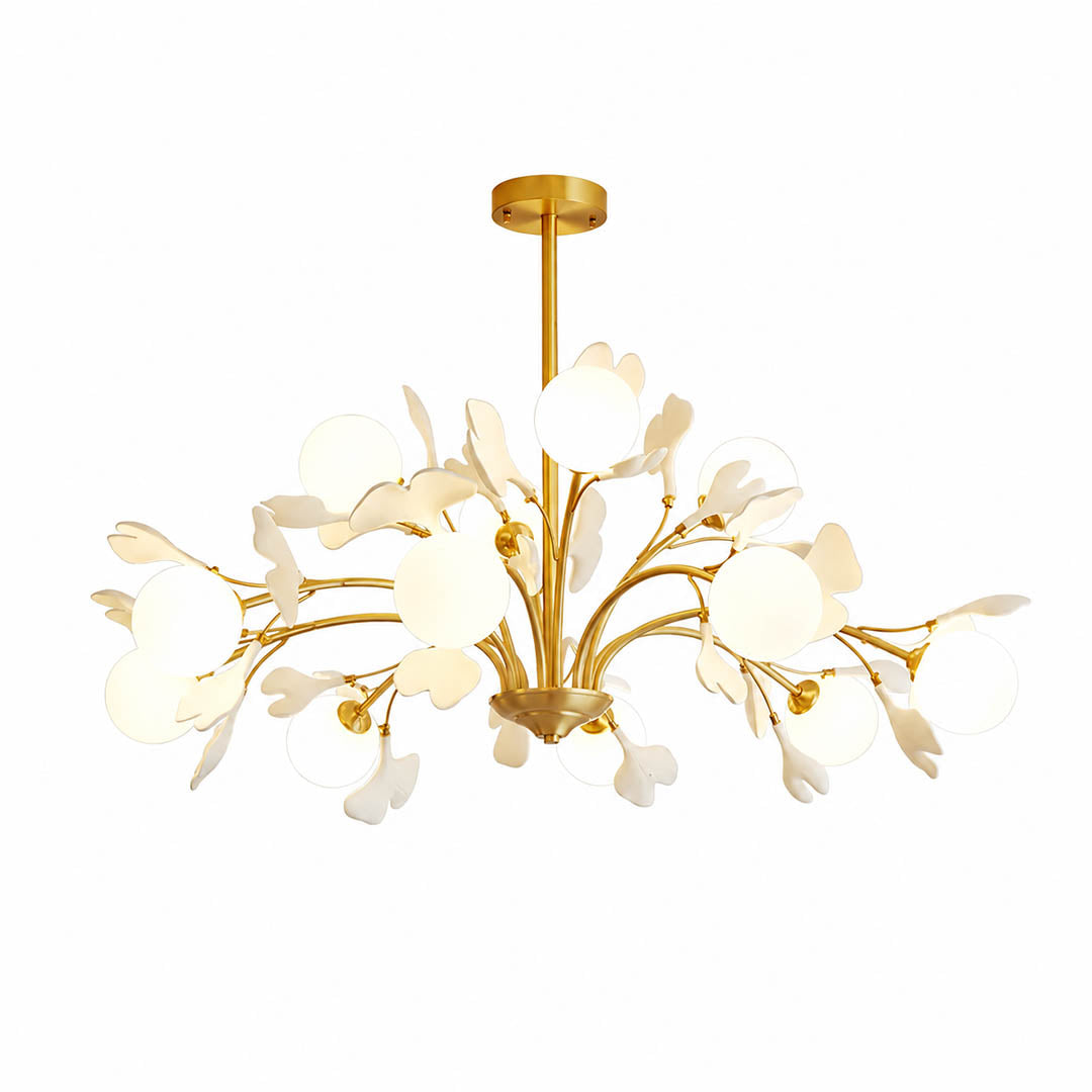Vico Gingko Chandelier 12 heads 38.5 inch oversized handcrafted ceramic ginkgo petals H65 copper branches frosted glass shades G9 sockets statement mid century commercial hospitality dining foyer white background
