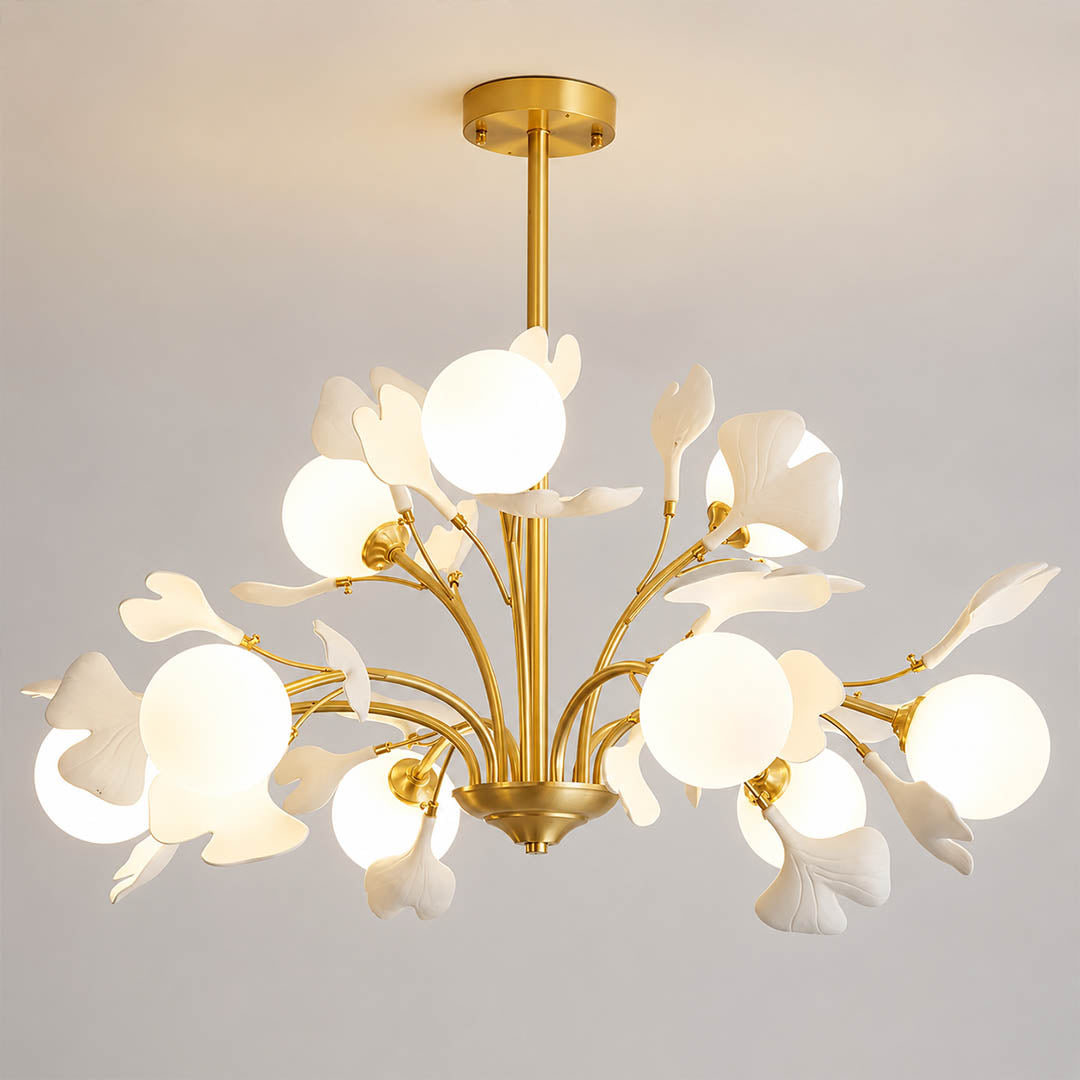 Vico Gingko Chandelier 4 sizes 6 8 9 12 heads comparison side by side scale reference ceramic ginkgo petals copper branches choice helper