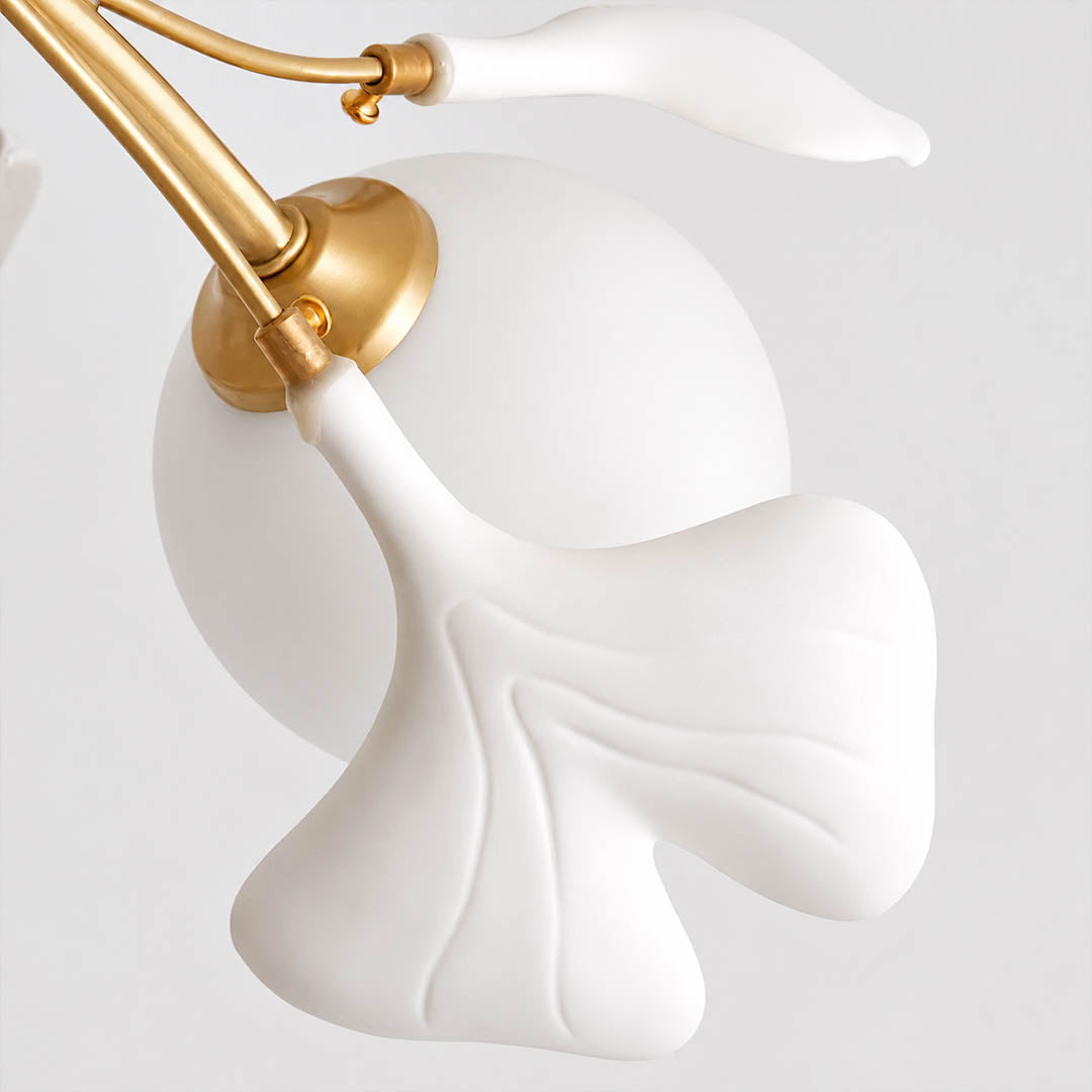 Vico Gingko Chandelier single ceramic bone porcelain hand-pulled ginkgo petal ivory white deep pleated botanical detail close up craftsmanship
