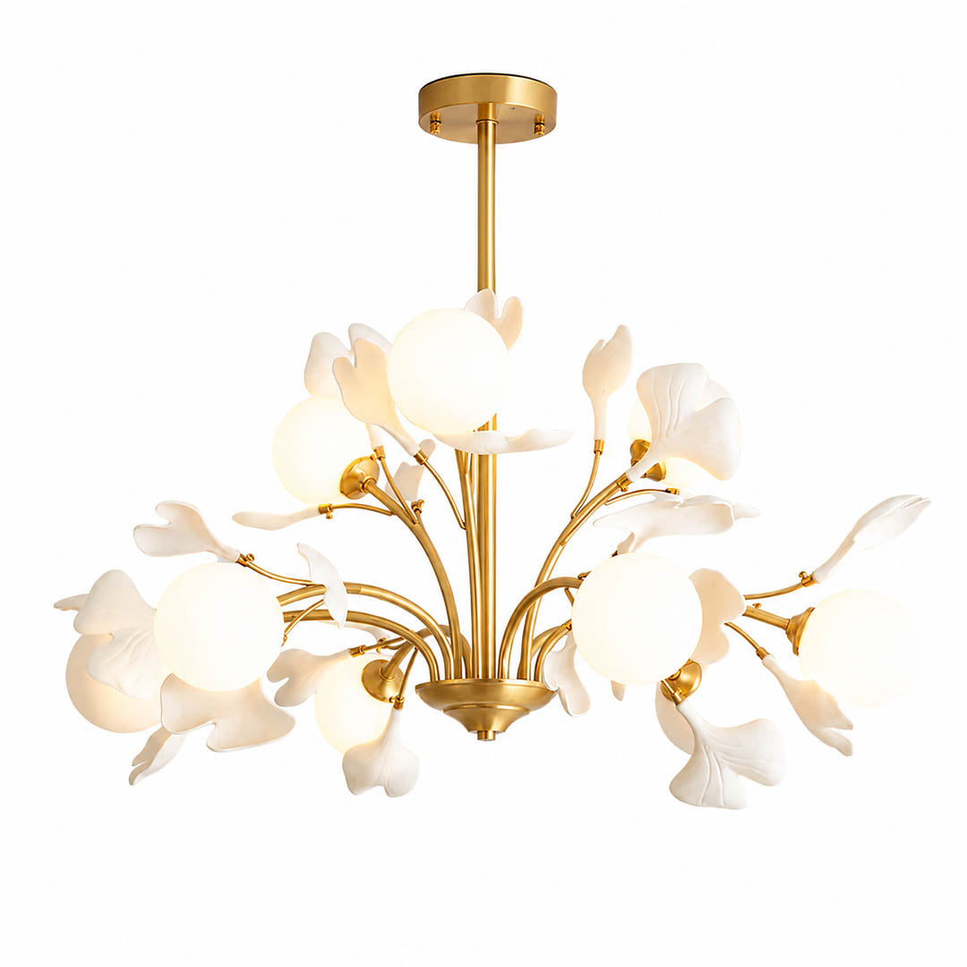Vico Gingko Chandelier 12 heads 38.5 inch oversized handcrafted ceramic ginkgo petals H65 copper branches frosted glass shades G9 sockets statement mid century commercial hospitality dining foyer white background