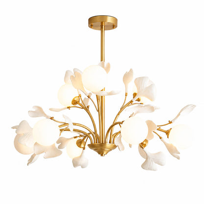 Vico Gingko Chandelier 12 heads 38.5 inch oversized handcrafted ceramic ginkgo petals H65 copper branches frosted glass shades G9 sockets statement mid century commercial hospitality dining foyer white background