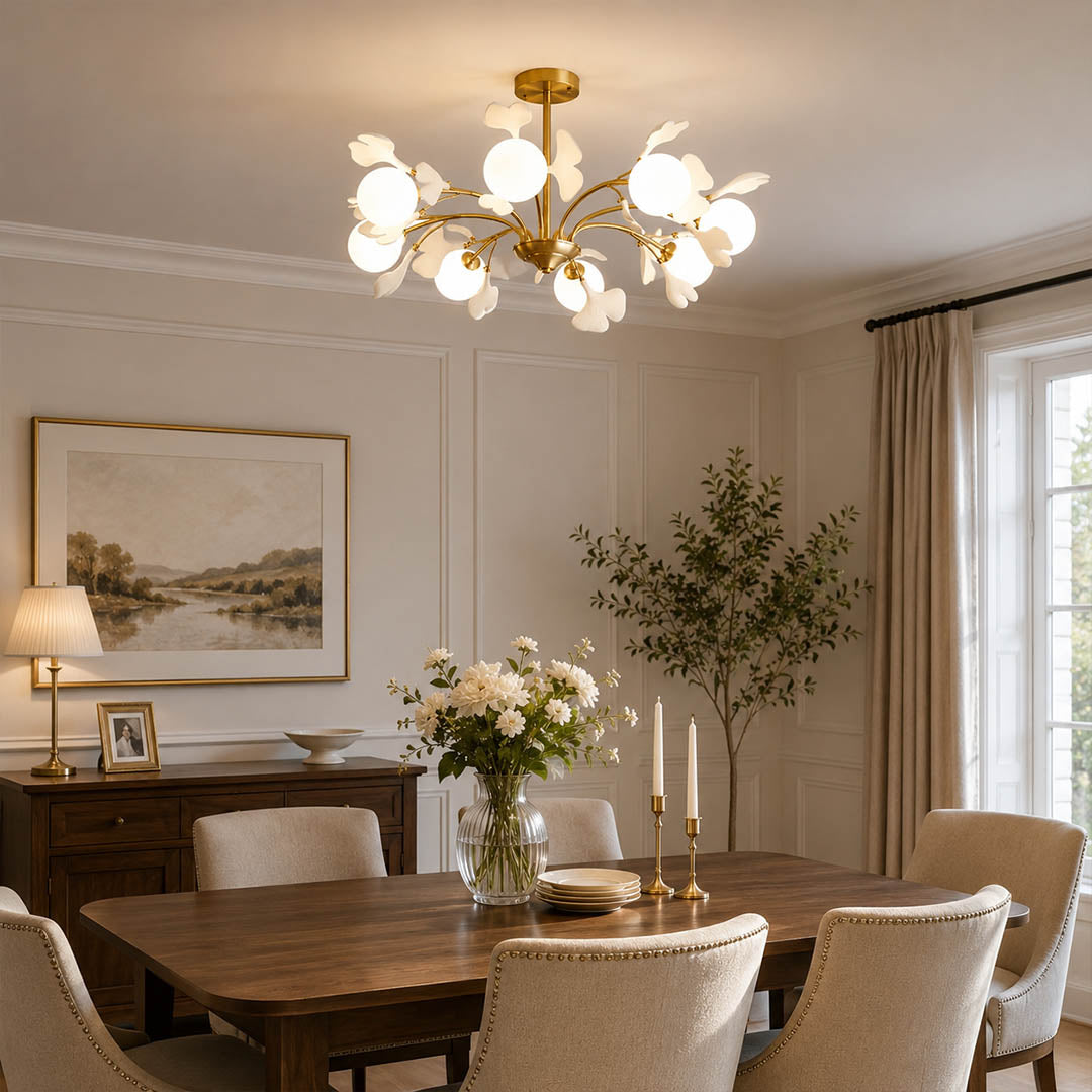 Vico Gingko Chandelier 8 heads mid century modern dining room 8 seat walnut table warm evening ambient statement botanical elegant lifestyle interior