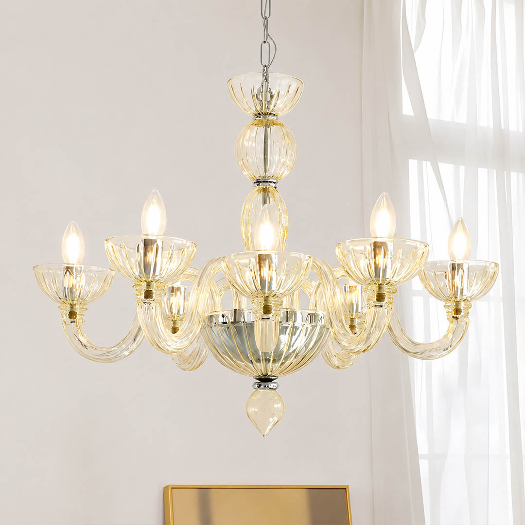 Vienna candle style fluted glass chandelier Gold Hollywood Regency luxury Vintage French Country classic white background