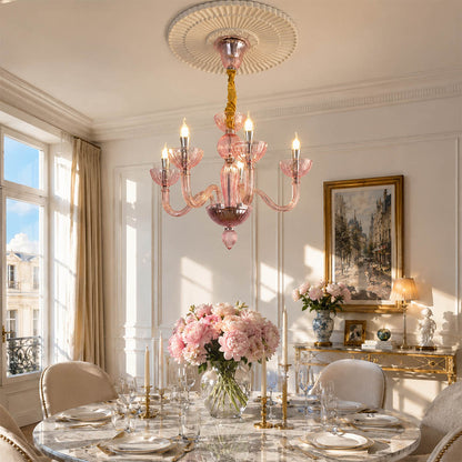 Vienna Pink candle style fluted glass chandelier dining room Hollywood Regency romantic Vintage French Country warm glow elegant lifestyle interior