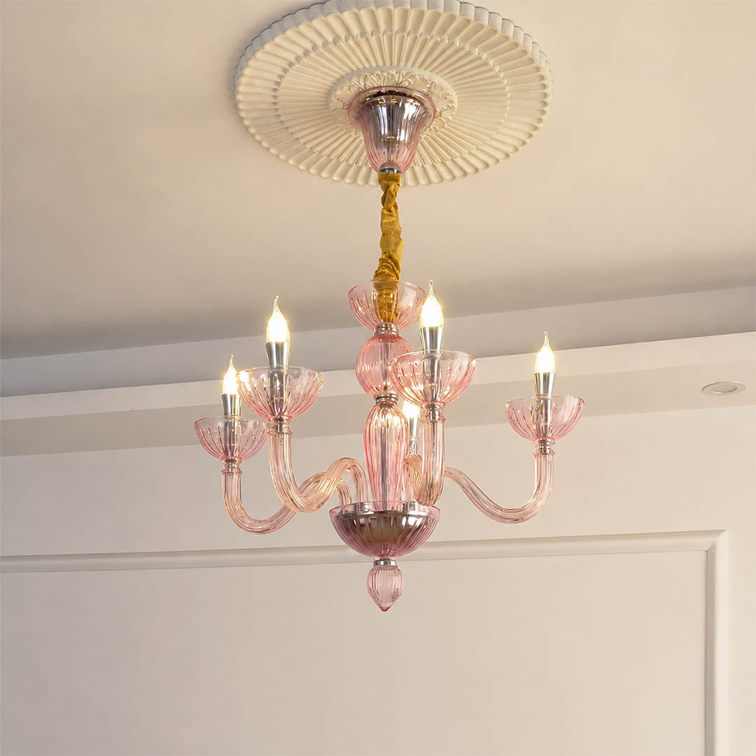 Vienna candle style fluted glass chandelier Pink Hollywood Regency 28 inch Vintage romantic French Country white background