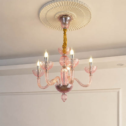 Vienna candle style fluted glass chandelier Pink Hollywood Regency 28 inch Vintage romantic French Country white background