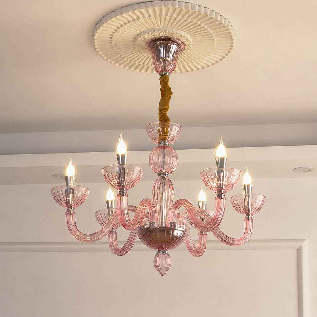 Vienna candle style fluted glass chandelier Pink Hollywood Regency Vintage romantic French Country white background