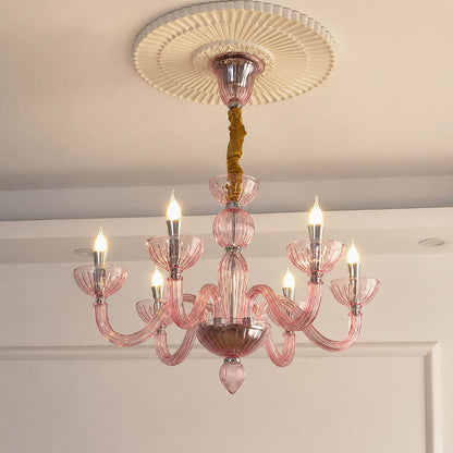 Vienna candle style fluted glass chandelier Pink Hollywood Regency Vintage romantic French Country white background