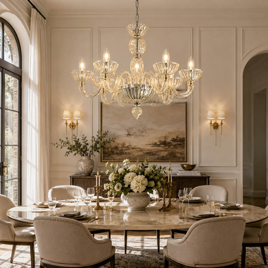 Vienna Pink candle style fluted glass chandelier dining room Hollywood Regency romantic Vintage French Country warm glow elegant lifestyle interior