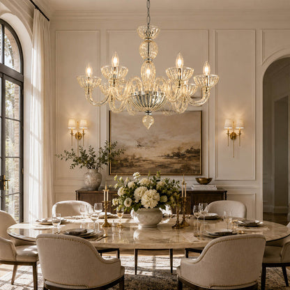 Vienna Pink candle style fluted glass chandelier dining room Hollywood Regency romantic Vintage French Country warm glow elegant lifestyle interior
