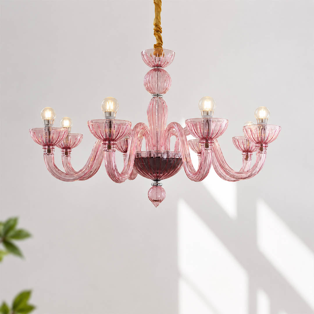 Vienna candle style fluted glass chandelier Pink Hollywood Regency Vintage romantic French Country white background