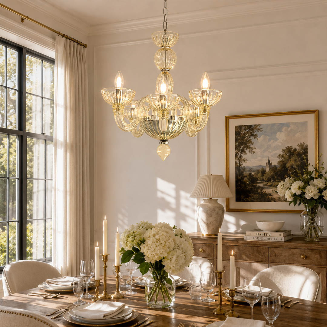 Vienna Pink candle style fluted glass chandelier dining room Hollywood Regency romantic Vintage French Country warm glow elegant lifestyle interior