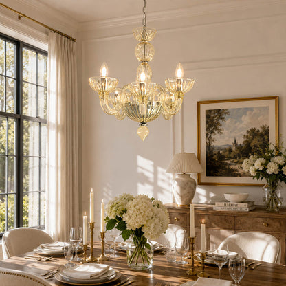 Vienna Pink candle style fluted glass chandelier dining room Hollywood Regency romantic Vintage French Country warm glow elegant lifestyle interior