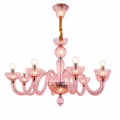 Vienna candle style fluted glass chandelier Pink Hollywood Regency 28 inch Vintage romantic French Country white background