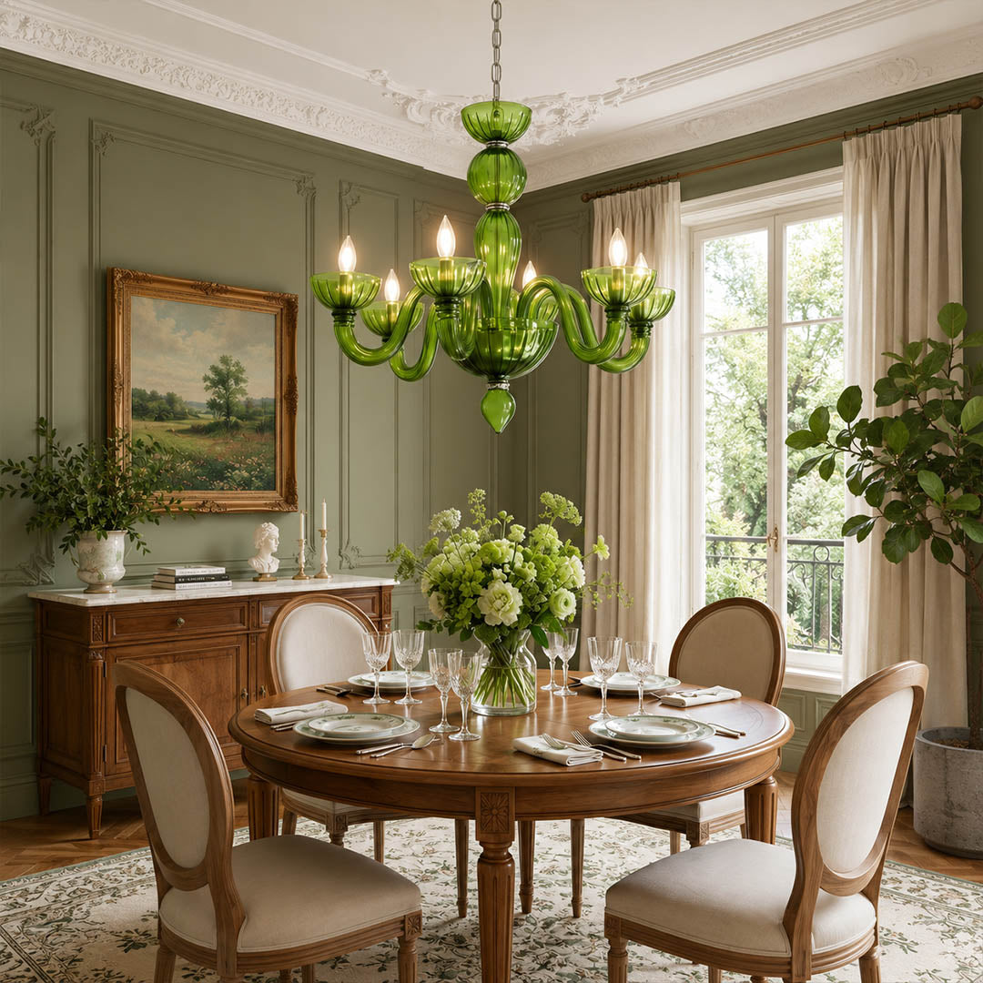 Vienna Pink candle style fluted glass chandelier dining room Hollywood Regency romantic Vintage French Country warm glow elegant lifestyle interior