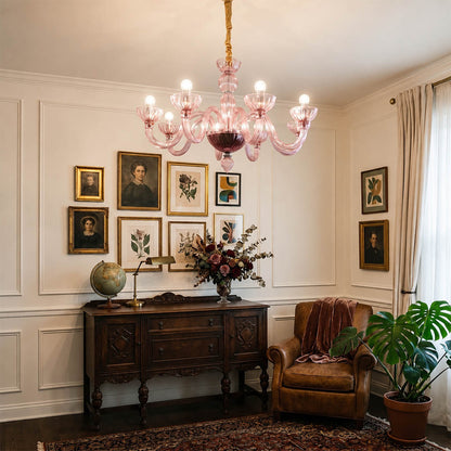 Vienna Pink candle style fluted glass chandelier living room elegant Vintage Hollywood Regency designer warm glow French Country lifestyle interior