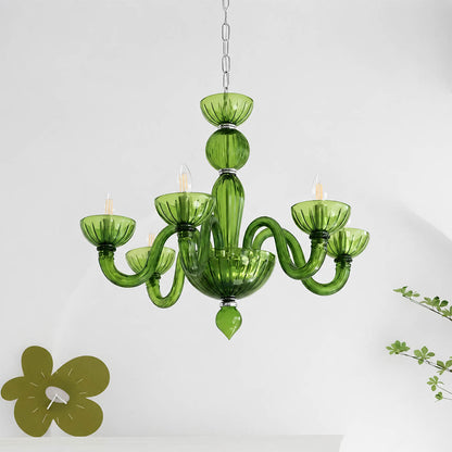 Vienna candle style fluted glass chandelier Green sage Hollywood Regency 28 inch Vintage Cottagecore French Country white background