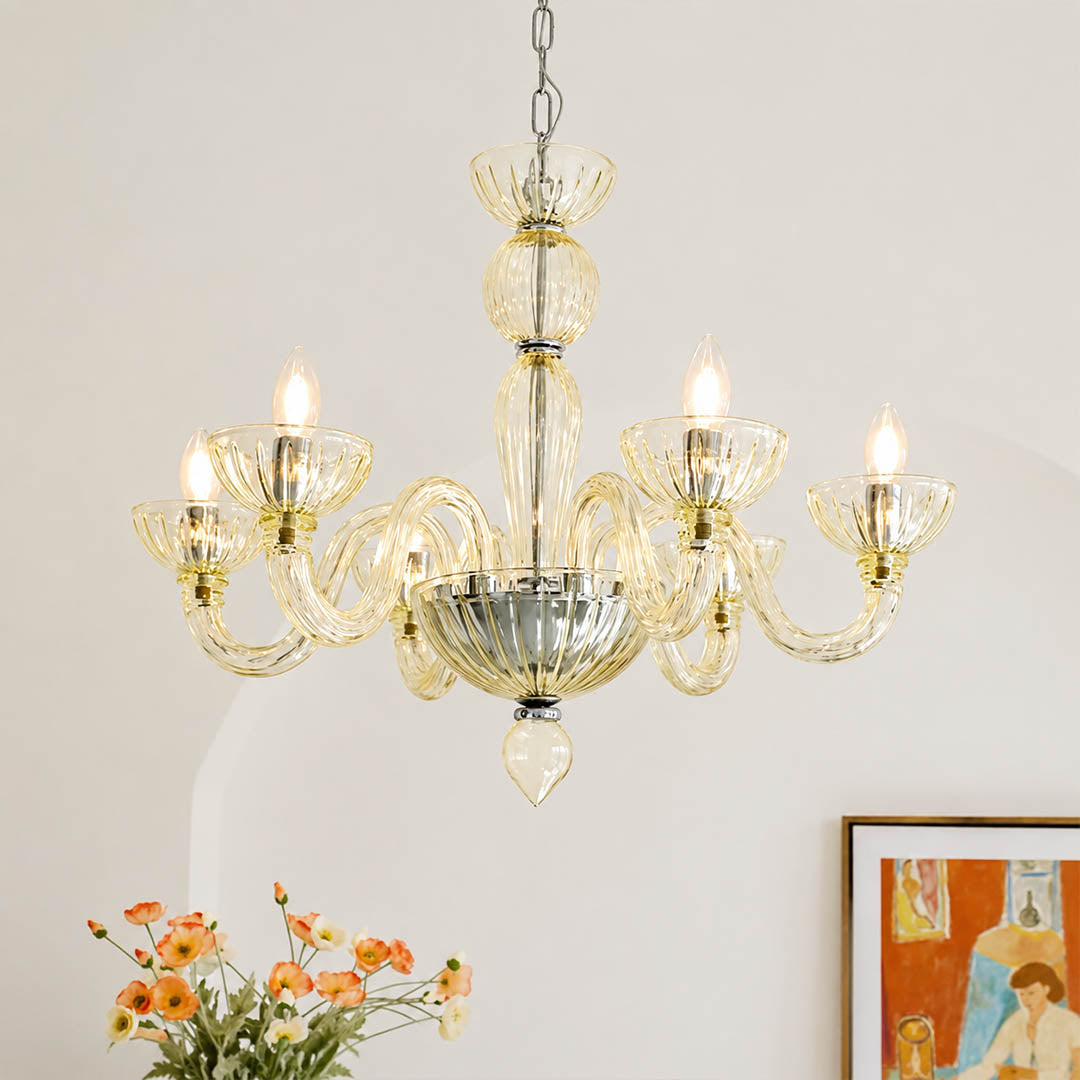 Vienna candle style fluted glass chandelier Gold Hollywood Regency luxury Vintage French Country classic white background