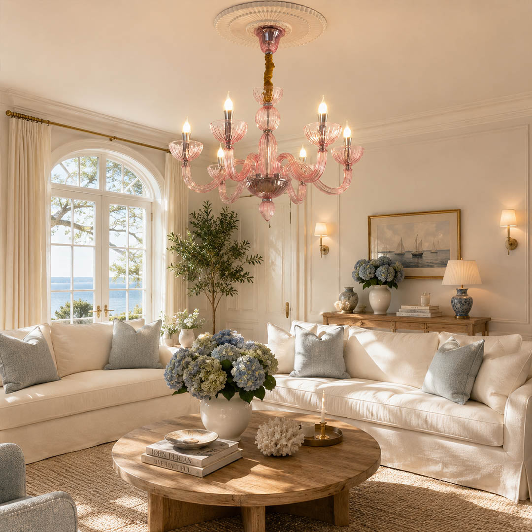 Vienna Pink candle style fluted glass chandelier living room elegant Vintage Hollywood Regency designer warm glow French Country lifestyle interior