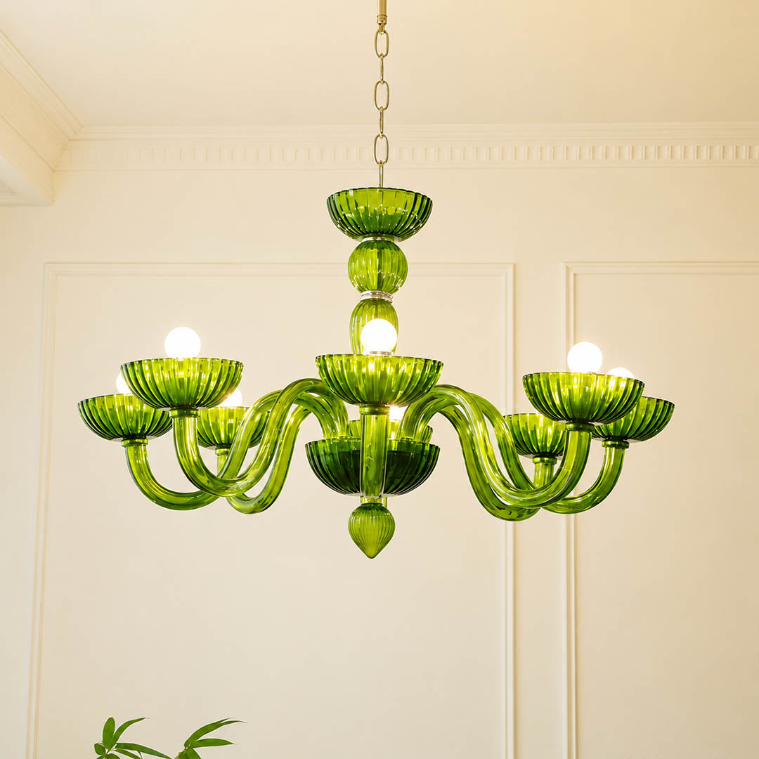Vienna candle style fluted glass chandelier Green sage Hollywood Regency Vintage Cottagecore French Country white background