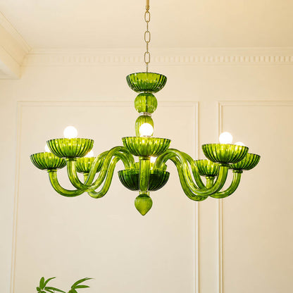 Vienna candle style fluted glass chandelier Green sage Hollywood Regency Vintage Cottagecore French Country white background