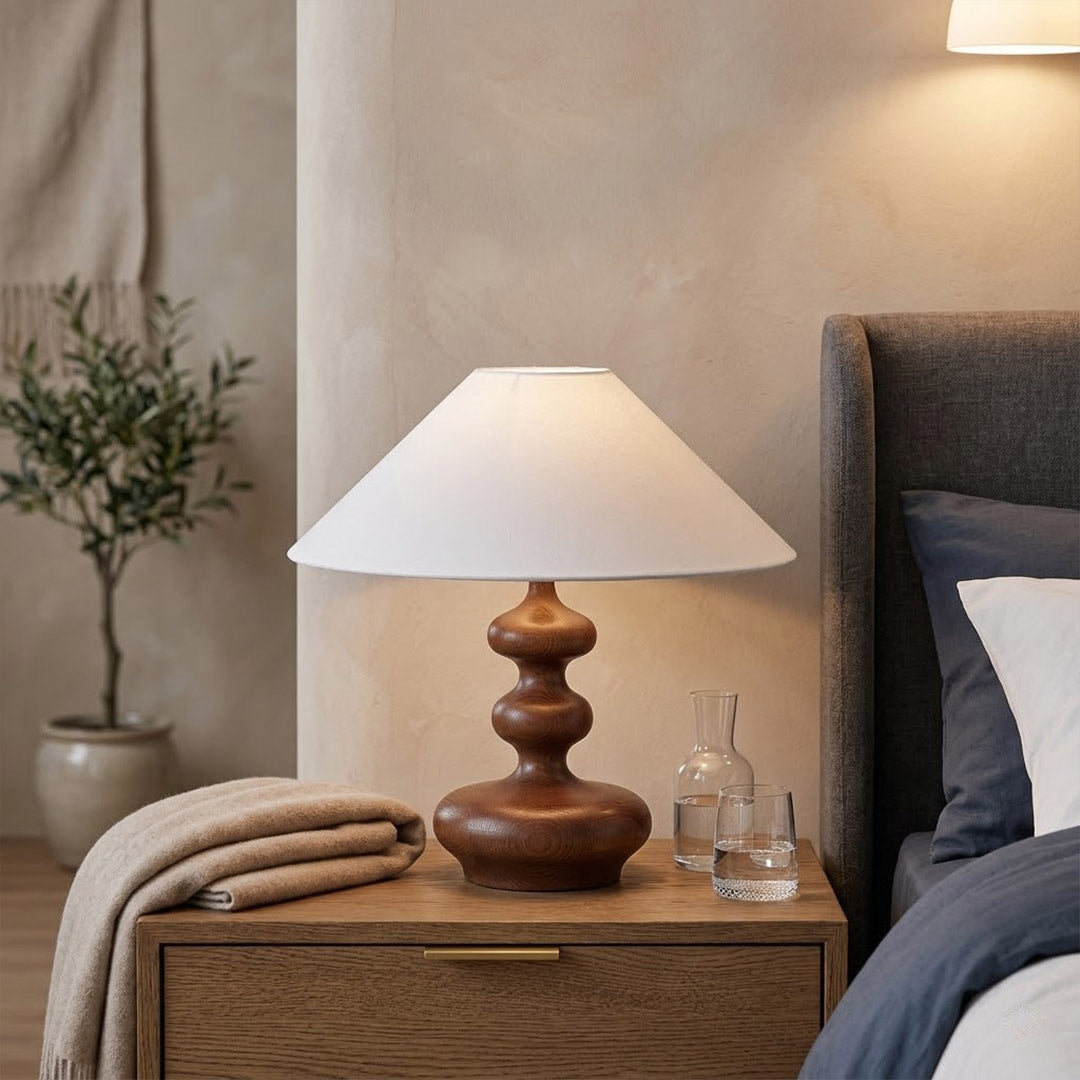 Vienne French vintage table lamp on nightstand bedroom warm fabric shade glow lifestyle interior