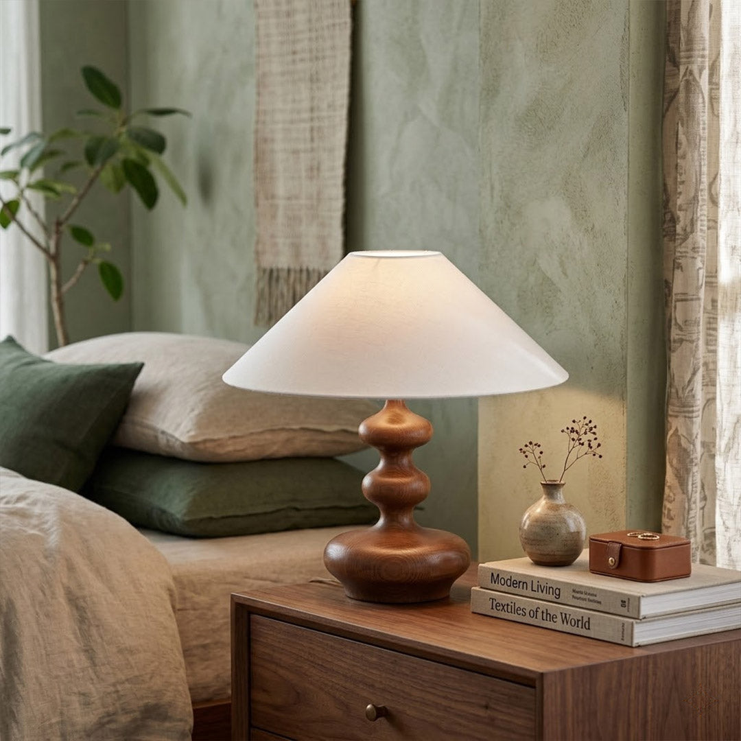 Vienne French vintage table lamp on nightstand bedroom warm fabric shade glow lifestyle interior