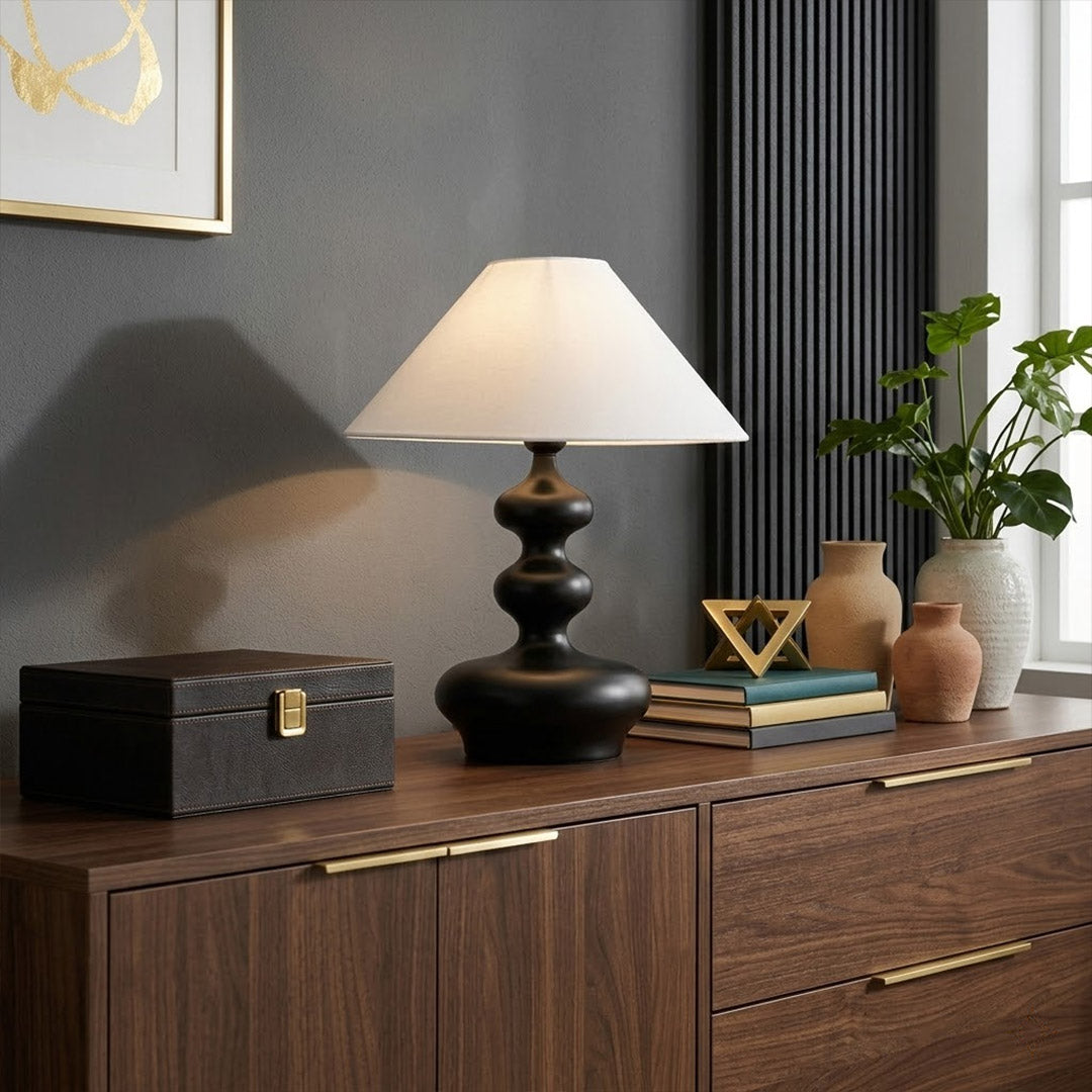 Vienne French vintage table lamp on nightstand bedroom warm fabric shade glow lifestyle interior