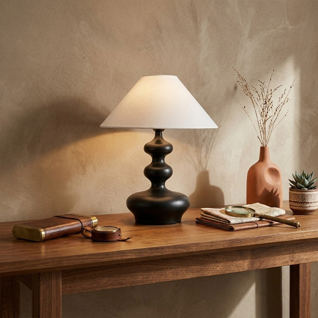 Vienne French vintage table lamp on nightstand bedroom warm fabric shade glow lifestyle interior