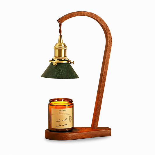 Vireo candle warmer lamp walnut wood body green shade scent warming lamp natural white background front view