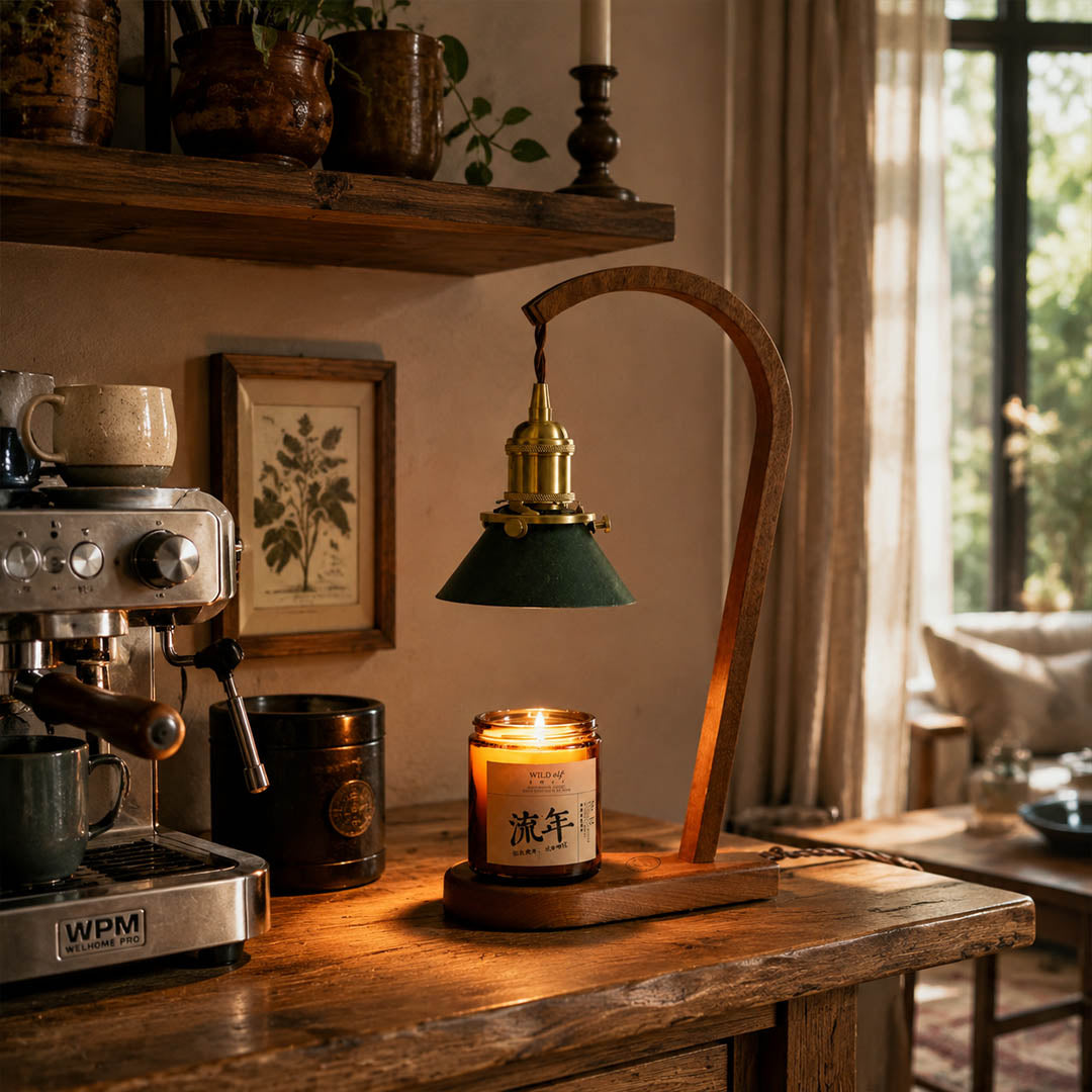 Vireo candle warmer lamp entryway console scent warming warm glow wood green natural American home lifestyle interior styled